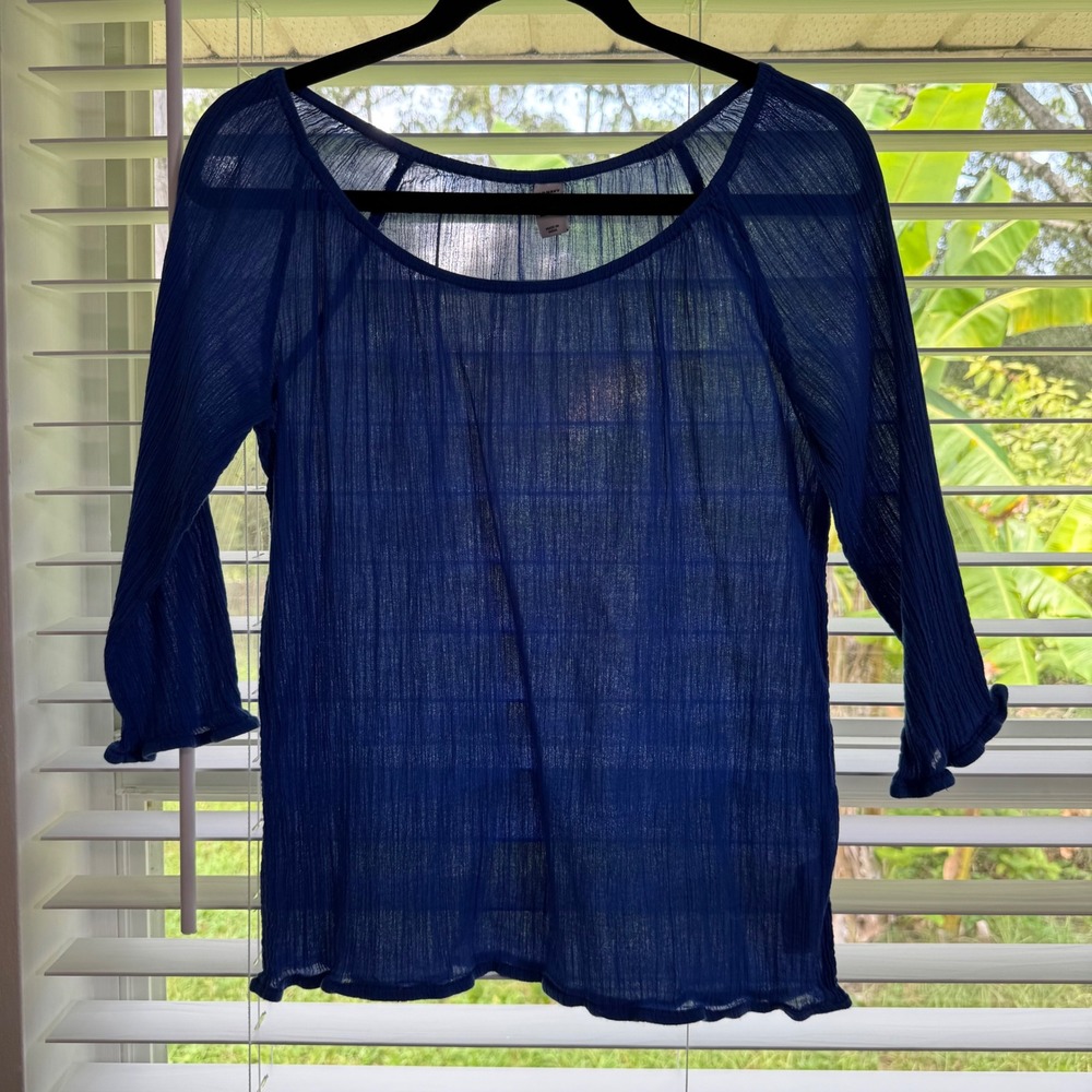 Old Navy Womens XS Royal Blue Cotton Gauze 3/4 Lettuce Hem Sleeve Blouse Top Off - Picture 2 of 10